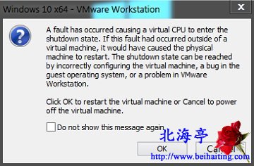 VM虚拟机安装Win10提示发生错误,导致虚拟CPU进入关闭状态英文本截图