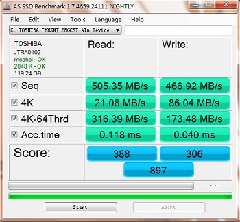 400元左右128G固态硬盘:家用电脑硬件升级SSD推荐---东芝Q Series Pro HDTS312XZSTA(128GB)速度截图